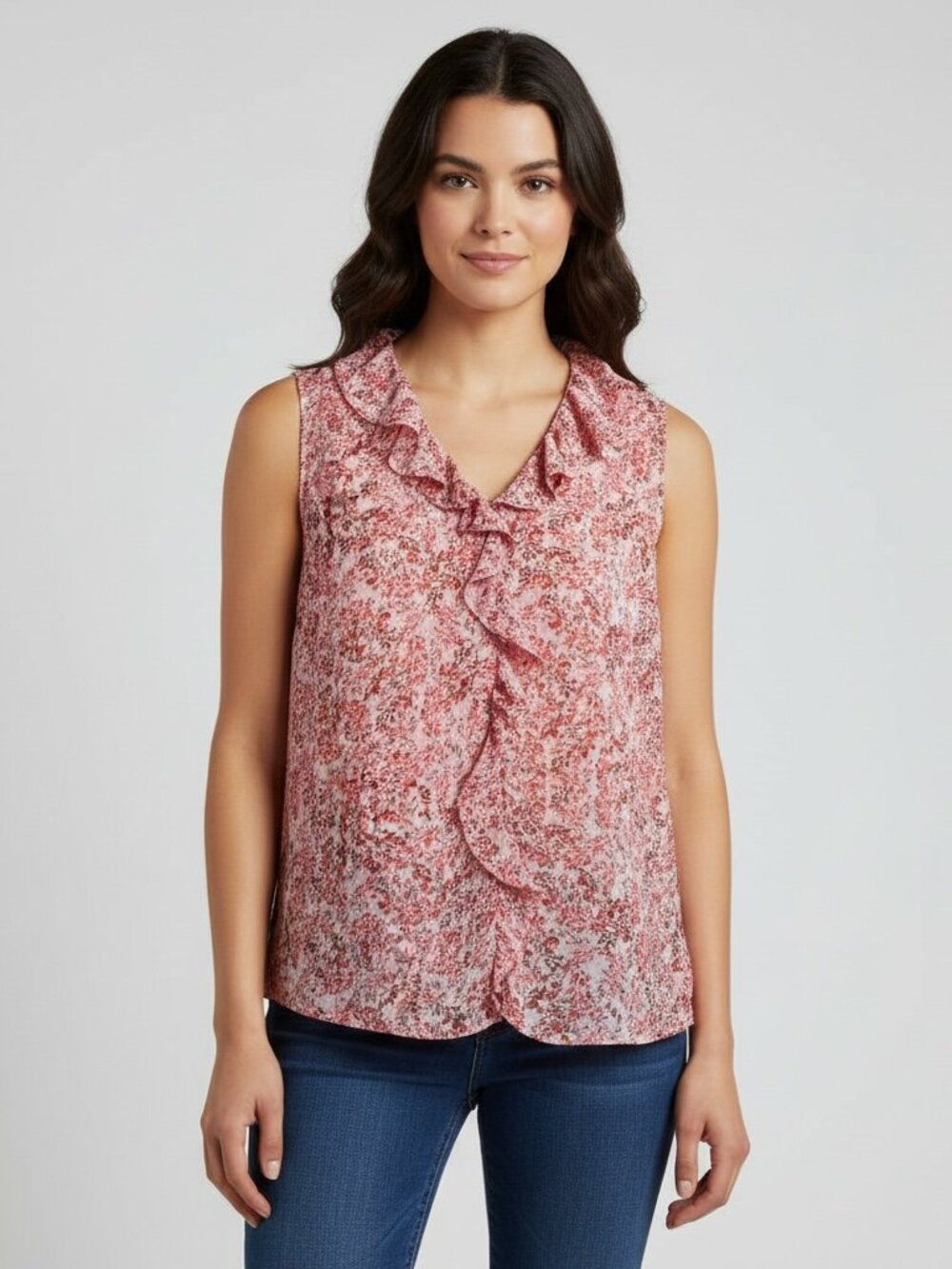 Blush Pink Floral Ruffle Sleeveless Blouse Metallic Shimmer